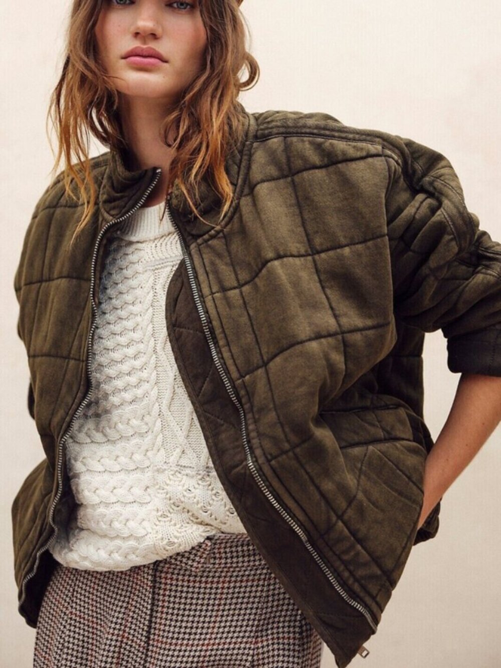 Free People Dolman Quilted Knit Jacket Top Oversized Zip-up Dusted Military XS